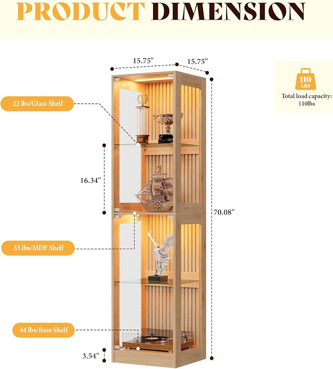 AMERLIFE 16-Inch RGB Display Cabinet | 70 H x 16 W x 16 D In, 4-Tier Storage, Adjustable Shelves, RGB LED Lights, for Collectibles, Wood-Grain Slatted Finish