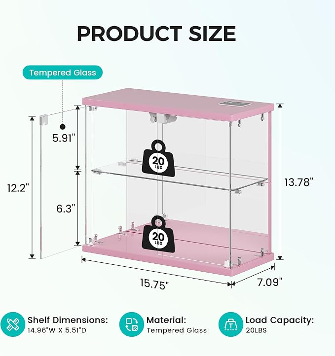 Dystler Glass Display Case with LED Lights, Small 2-Tier for Figures | Lighted Display Cabinet with Motion Sensor, Clear Tempered Glass Door, USB-C Charging Hub for Collectibles, Rocks, Tabletop
