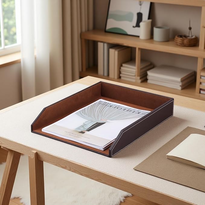Letter Tray, PU Leather Paper Organizer Tray for Desk, Paper Organizer Storage Holder for Office Home or School A4 Size Brown