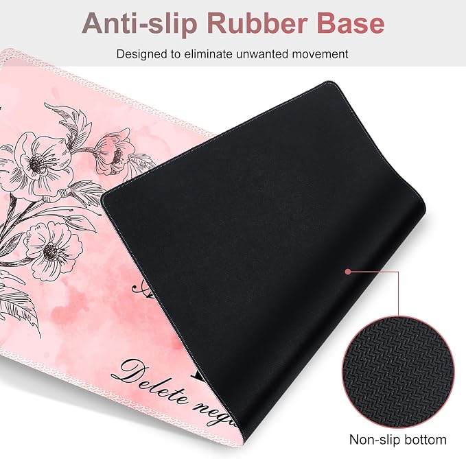 Large Gaming Mouse Pad Pink Floral, Ergonomics Keyboard Desk Mat with Wrist Rest, Cute Extended Game Mousepad, Non-Slip Desk Matt Easy Typing I Inspirational with Positive Quotes Ctrl Alt Del