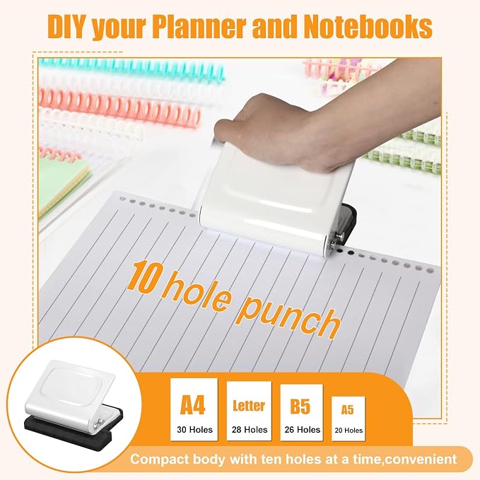 10 Hole Punch Binding Machine for Planners with 10 Multi-Color Binder Rings | 30 Holes on A4, 20 Holes on A5, 26 Holes on B5, 10 Sheet Capacity (White)