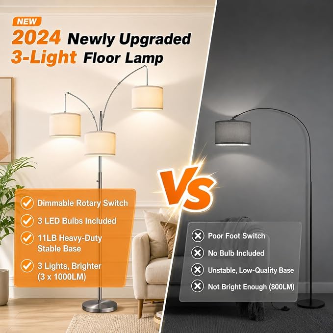Nintiue Dimmable Floor Lamp - 3 Lights Brushed Nickel Arc Floor Lamps for Living Room,1000LM Modern Tall Standing Lamp with White Shades,Mid Century Tree Floor Lamp for Bedroom,3 LED Bulbs Included