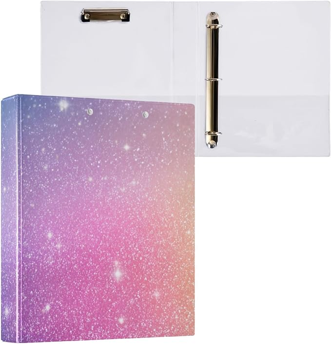 Aslsiy 3 Ring Binder 1.5 Inch Pink Sparkling Particles Round Clipboard Binder Decorative Harcover Binder Organizer for Office Supplies 1 Pack
