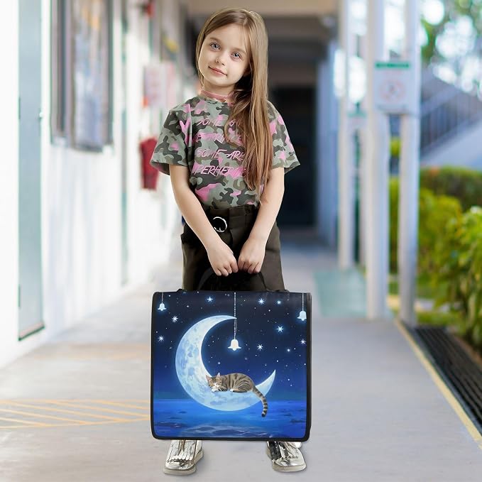Cat Wind Chimes Moon 3 Ring Zipper Binder Bag Binder Organizer with Handle Shoulder Strap for School Work Office Supplies