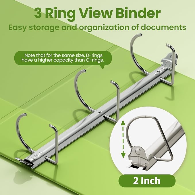 SUNEE 3 Ring Binder 2 Inch D Ring, Clear View Binder Three Ring PVC-Free (Fit 8.5x11 Inches) for School or Office Supplies, Tender Green, 1 Pack