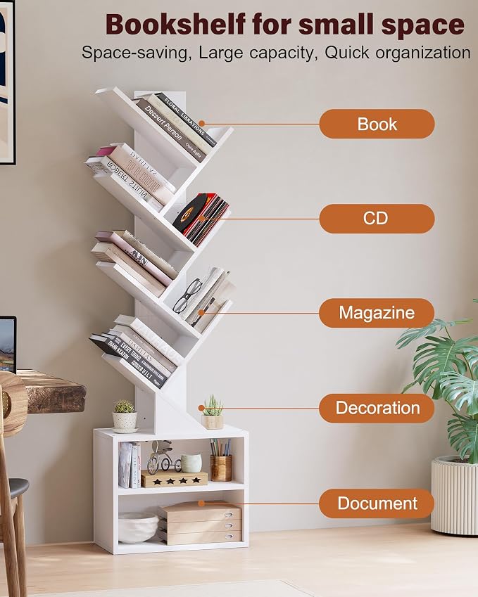 SUNMORY 6 Tier Tree Bookshelf, Tall Small Bookcase with Storage Cabinet | Modern Narrow Bookshelves Organizer, Floor Standing Book Case Shelf for Bedroom Living Room Home Office Corner, White