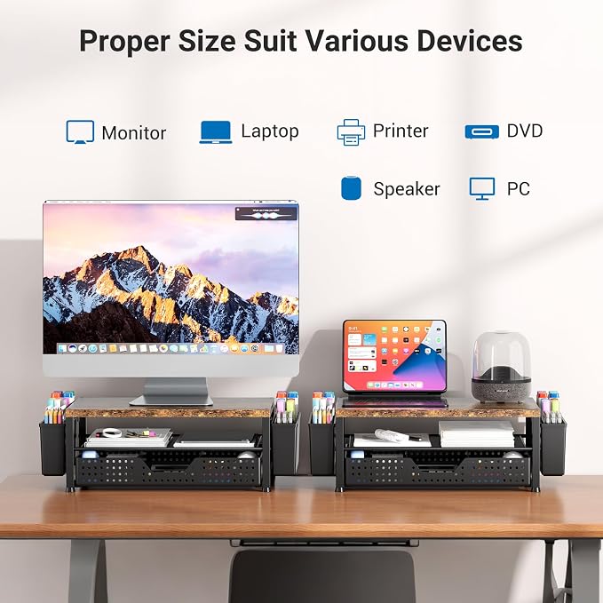 Monitor Riser, Laptop Stand for Desk, Office Desk Organizer and Accessories, Computer Monitor Stand, Desktop Shelf with Drawer and Pen Holder, Printer Stand for Home, Office, Dorm (Brown)