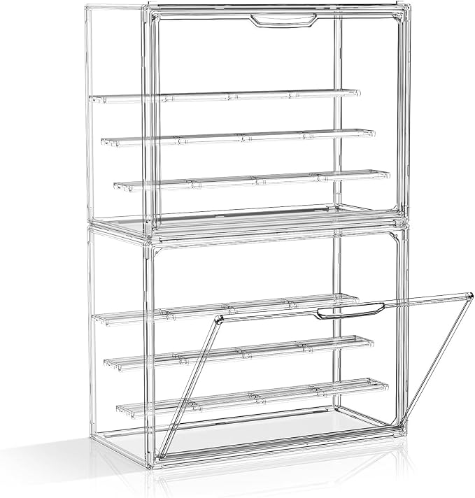 Acrylic Display Case for Collectibles 2 Pack 4 Layer Adjustable Figure Display Cases Large Clear Stackable Figurine Case Box with Magnetic Door & Shelves Hobby Showcase Display Box