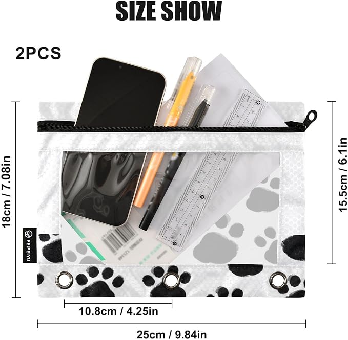 Custom Black Paws Print Pencil Pouch for 3 Ring Binder, 2 Pack Personalized Name Waterproof Pencil Bags Clear Window Pencil Case School Office Supplies