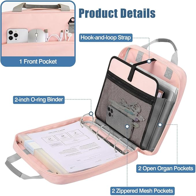 MoKo Zipper Binder, 2-Inch 3 Ring Binder with Zipper, 500 Sheets Capacity Zipper Binders with Shoulder Strap & Handle, Multi-Pocket Zipper Bag Organizer for Work School, Pink & Gray