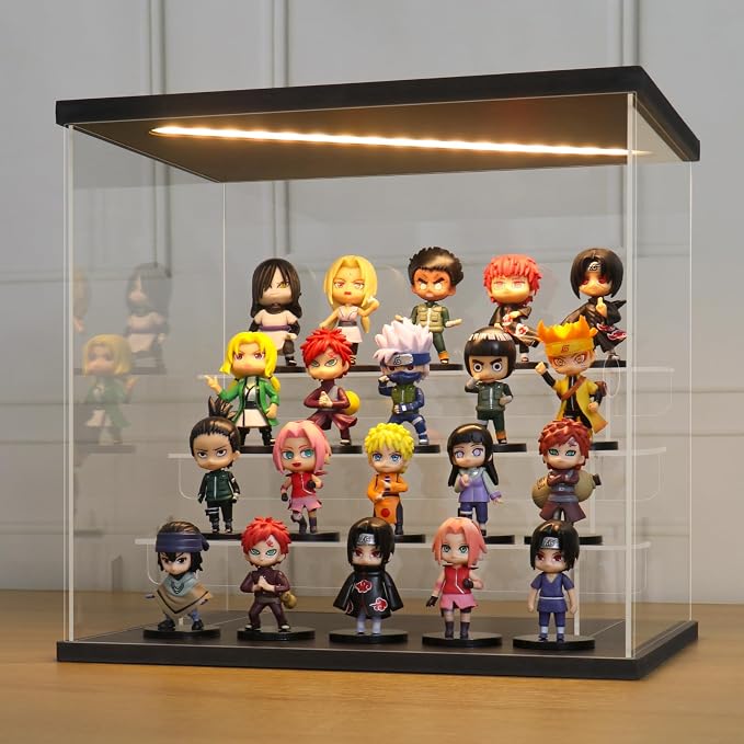 LANSCOERY Acrylic Display Case for Collectibles, 4-Tier LED Light, Black | 3mm clear acrylic panels with front door access and tri-color top light for small figures on a desk or shelf.