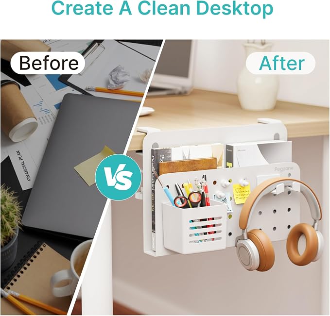 Desk Side Storage Organizer, Fits Flat Edge 0.4" to 2.2", White | No Drill Under Desk Laptop Holder, Clamp on Desks Shelf with Pegboard Accessories, Hanging Laptop Mount