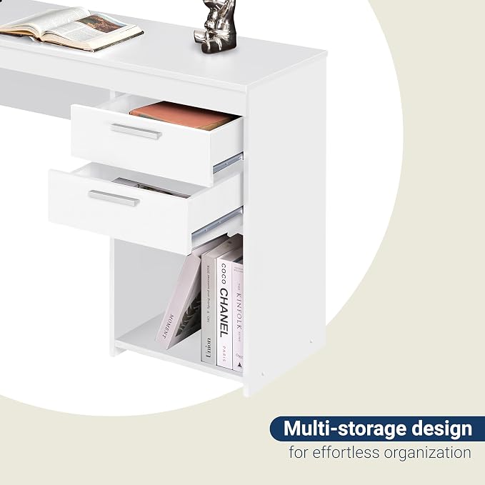 Techni Mobili 48 Inch Modern Compact Computer Desk with Drawers, White | 48 Inch modern desk with storage drawers, sturdy frame, compact design, ideal for bedrooms and home office workspaces
