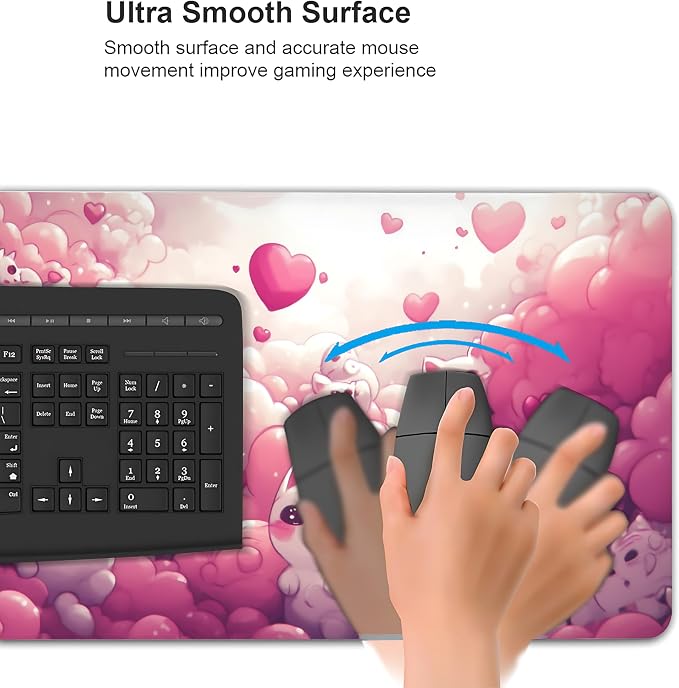 Cute Anime White Cat Gaming Mouse Pad, Pink Dreamy Desk Mat with Anti-Slip Base & Stitched Edges, Computer Keyboard & Laptop Pad, 35.4" x 15.7" in in Workstation Accessories