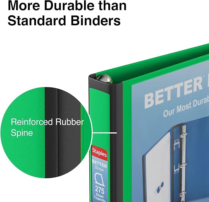 Staples Better View 1-Inch D-Ring Binder, Green, Clear Overlay | Durable 3-ring binder for school and office document organization.