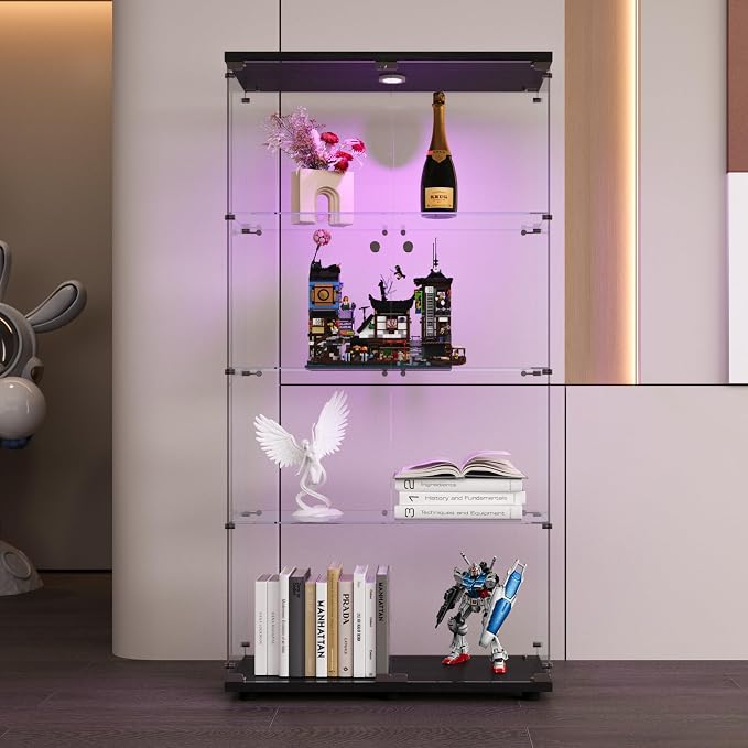 FLYMUHJIA 4-Shelf Tempered Glass Display Cabinet with LED & Lockable Double Doors, Black Curio Cabinet for Collectibles, Easy to Install