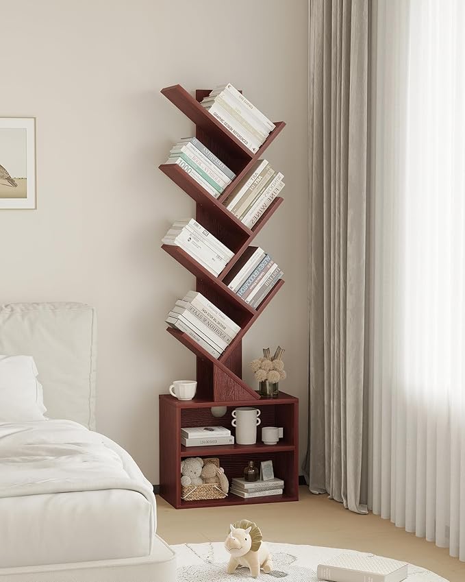 SUNMORY 6 Tier Tree Bookshelf, Tall Small Bookcase with Storage Cabinet | Narrow Bookshelves Organizer, Floor Standing Book Case Shelf for Bedroom Living Room Home Office Corner, Cherry