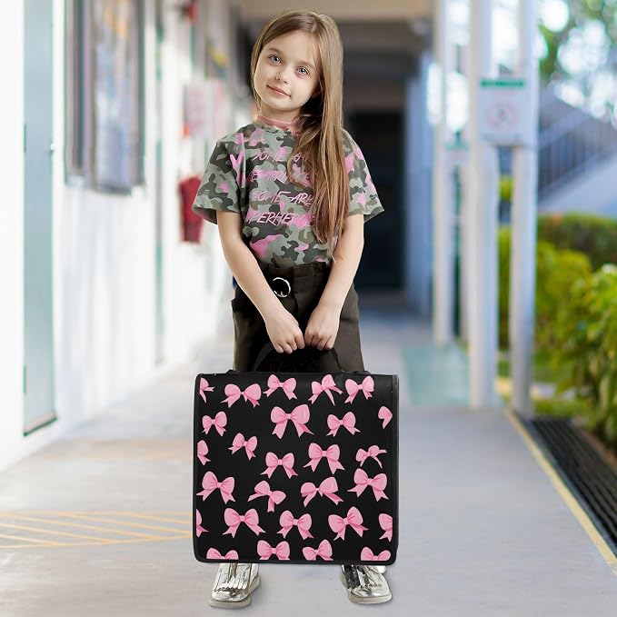Pink Bow Black Background 3 Ring Binder Bag 1.5 inch Binder Organizer with Zipper Shoulder Strap 500 Sheet Documents Storage for School Office