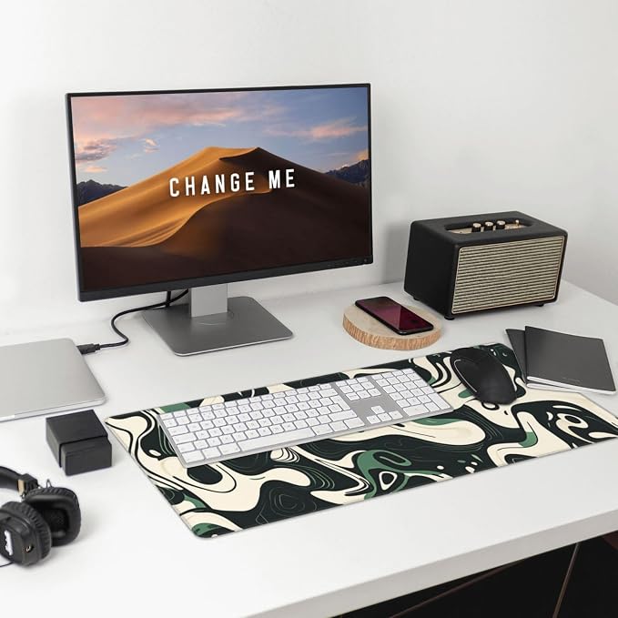 XXL Gaming Mouse Pad 31.5x15.7 Inch, Topographic Green White Desk Mat | Abstract Topographic Design with Waterproof Non Slip Rubber Base, Extended Keyboard Mouse Mat for PC Laptop Office & Gaming