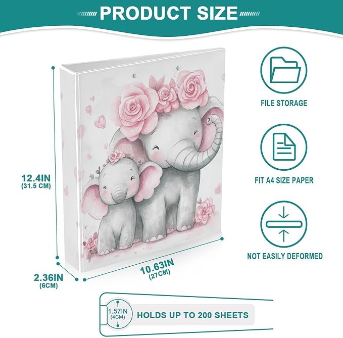 Cute Pink Floral Elephant Binder 1.5 Inch Binder with Clipboard&Pockets, Cute Elephants Hardcover Binders 3 Ring, Heavy Duty Large File Folder for Office School Supplies-Holds 200 Sheets, 2 PC