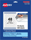 Avery® Glossy Clear Round Labels, Sure Feed® Technology, 1" Diameter, 480 Glossy Clear Labels, Print-to-The-Edge, Laser/Inkjet Printable
