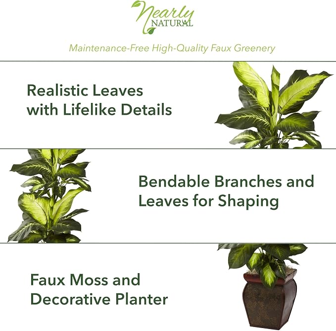 Nearly Natural 45 in Artificial Golden Dieffenbachia with Decorative Pot | Lush Variegated Leaves, Faux Greenery in Decorative Planter, Maintenance-Free Floor Plant, Indoor Home Decor