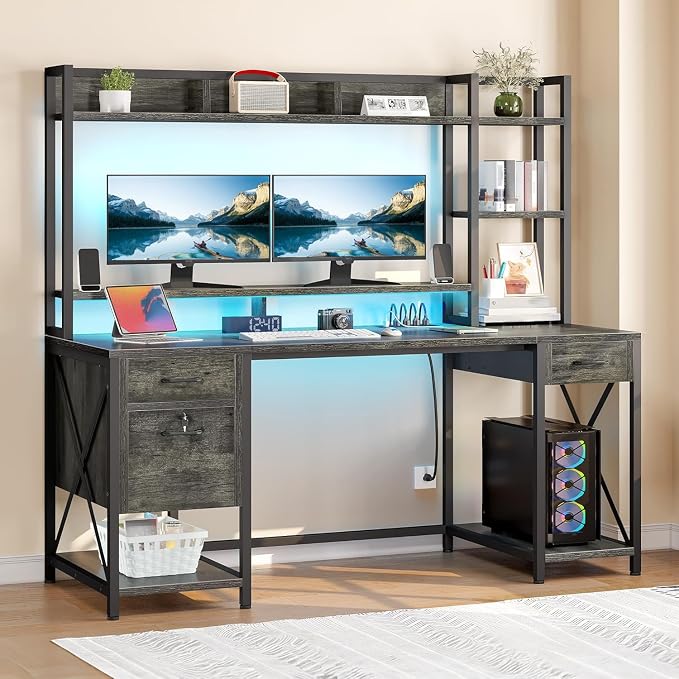YITAHOME 59" Computer Desk with Hutch, Drawers, Power & LED, Gaming, Grey | Hutch & Drawers, Built-in Power Outlets, LED Lights, Storage Shelves, for Home Office Gaming, Easy Assembly