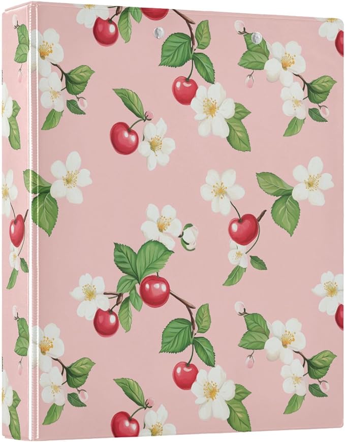 Flower Cherry Fruit Printed 3-Ring Binder for School Office, 1.5 Inch Round Ring Binder for Home Recipe Budget Aesthetic Binder with Pocket Metal Non-Slip Clip Holds 200 Sheets of Paper