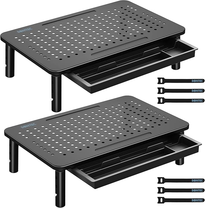 BONTEC 2 Pack Adjustable Monitor Stand Riser with Drawer, Supports 44lbs | Ergonomic Mesh Platform for Desk, Ventilated Laptop and PC Use with Cable Management for a Cooler, Organized Workspace