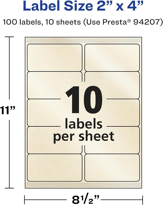 Avery® Pearlized Ivory Rectangle Labels, Sure Feed® Technology, 2" x 4", 100 Pearlized Ivory Labels, Laser/Inkjet Printable