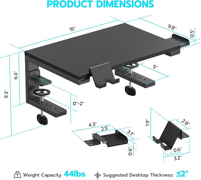 ARES WING Clamp-On 15" 3-in-1 Heavy Duty Desk Shelf Extender Black | Phone Headset holder Clamp Desk Extender Shelf,Desktop Organizer for Gaming and Office Accessories