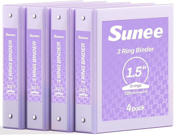SUNEE 1.5 Inch Binders 3 Ring 4 Pack, Clear View 1 1/2 Inch Binders Three Ring PVC-Free (Fit 8.5x11 Inches) for School or Office Supplies, Purple