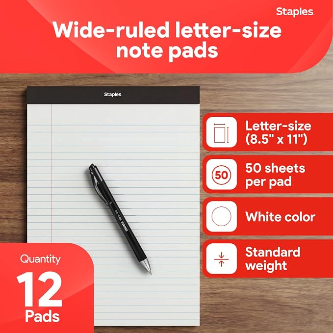 STAPLES Legal Pads, 8.5” x 11”, Wide Ruled, Perforated, 50 Sheets/Pad, 12‑Pack