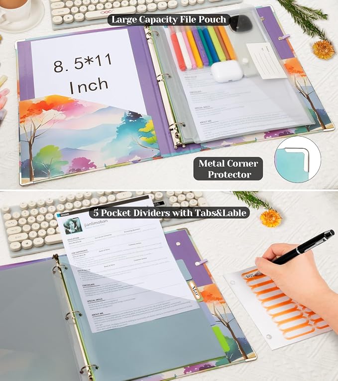 3 Ring 1 Inch Binder Organizer, KLLVE Three Ring Binders with Clipboard, 5-Tabs Pockets Dividers, Plastic Folder, 18 Divider Stikers,Pen Loop (Color Trail, Letter Size)