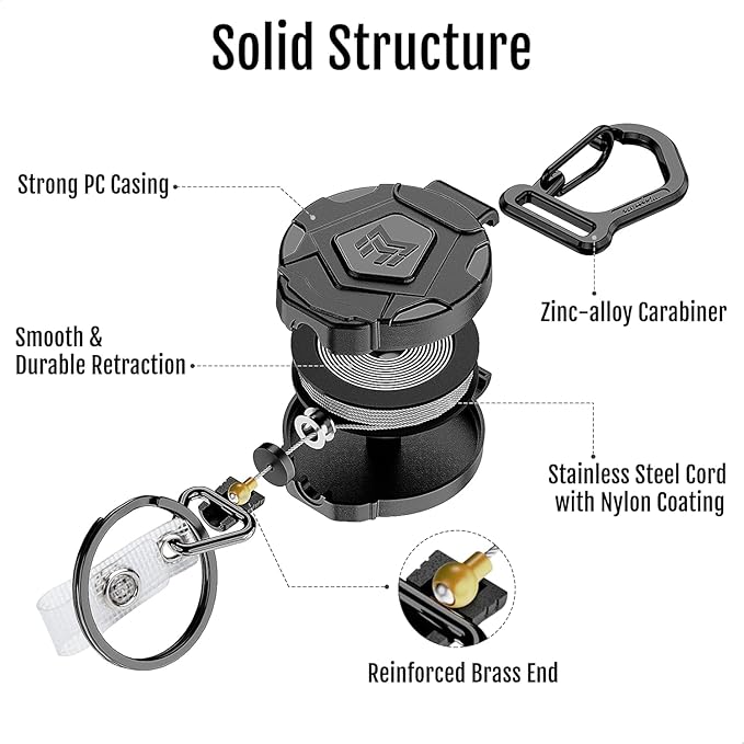 MNGARISTA Retractable Keychain, Heavy Duty Carabiner Badge Holder, Tactical ID Badge Reel with 31.5” Steel Retractable Cord, 8.0 oz