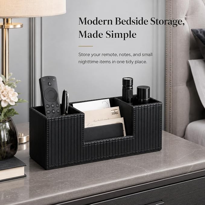 GORESE Pen Holder for Desk, PU Leather Desk Organizer for Office, Black | 4-Compartment, Vegan Leather, Office Supplies, Desk Caddy Nightstand Organizer for Pen, Pencil, Remote Control, Business Card