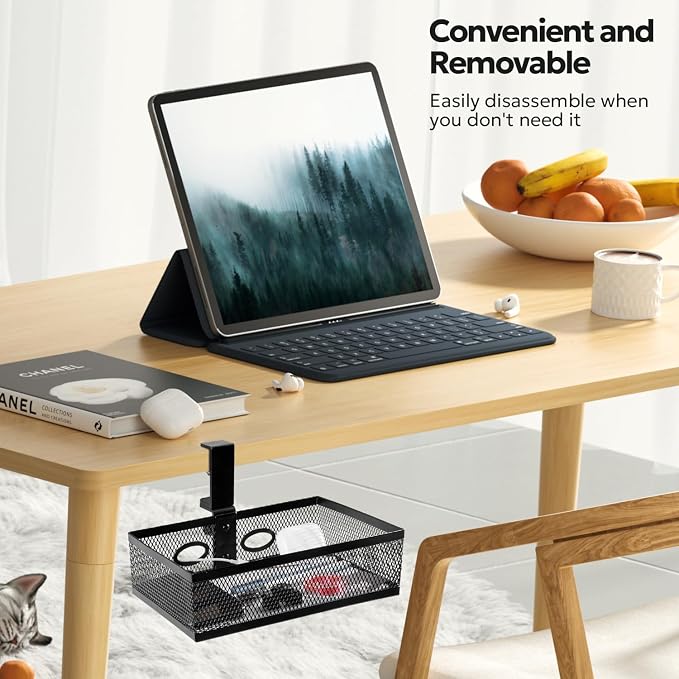 Under Desk Organizer, Clamp On 360 Swivel Mesh Drawer, No Drill, Black | Pulchrum hidden storage basket with cable holes, 10 lb capacity attachment for standing or gaming setups, home office tidy
