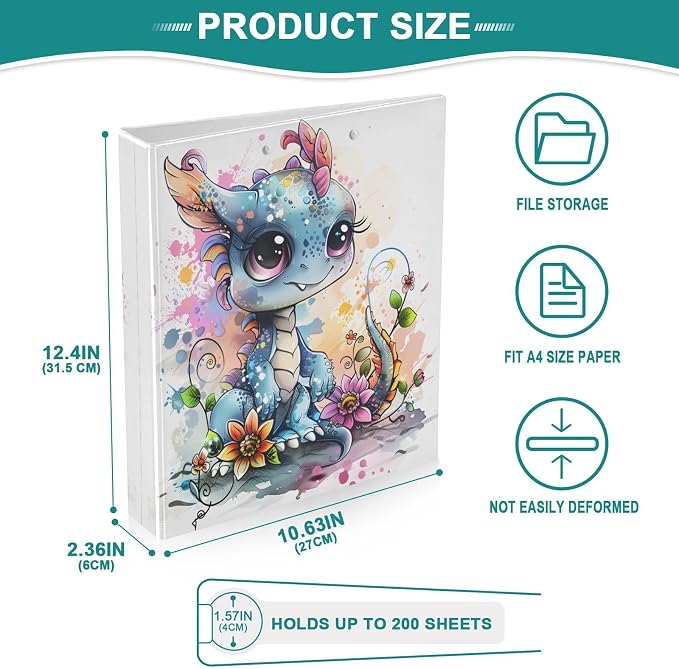 3 Ring Binder Cute Dragon Style 1.5" Round Ring Binders View Binder with 200 Sheet for Women Men Office Kids School Supplies, 1 Pack