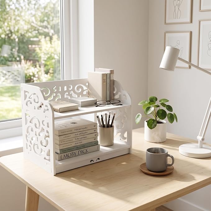 MyGift 2 Tier White Desktop Bookshelf Organizer with Scrollwork Design | Compact two-tier shelf adds stylish storage for books, décor, and office essentials on desks, counters, or living spaces