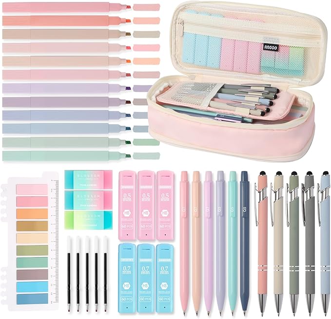 39PCS Aesthetic School Supplies with Cute Pencil Case, 5X Ballpoint Pens with Stylus Tip, 12X Pastel Highlighters, 6X Mechanical Pencil Set 0.5&0.7mm, Suit for Preppy School College Essentials (pink)
