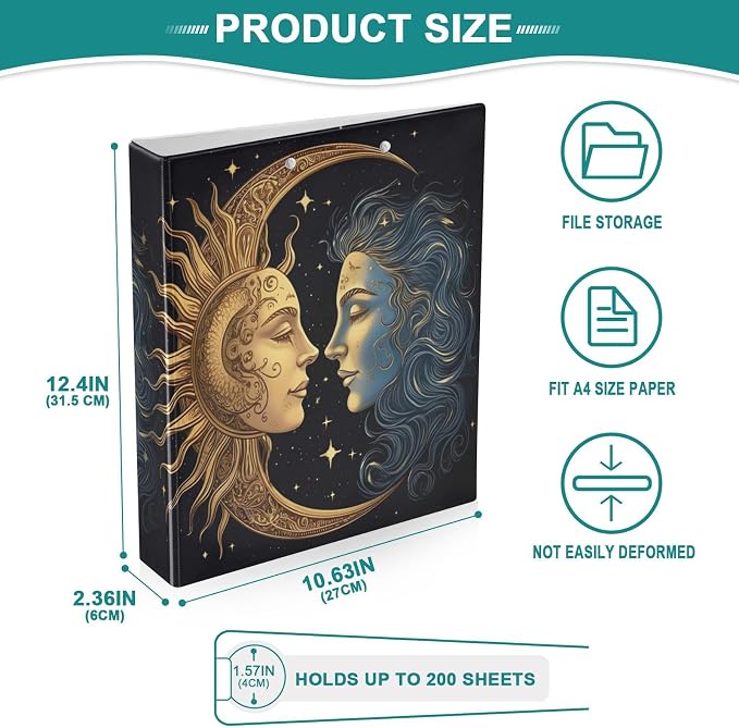 Sun and Moon 3 Ring Binders, Round Rings, Holds 200 Sheets, 1.5 Inch 3 Ring Binders with 3 Interior PVC Clear Pockets and Anti-Slip Metal Clip