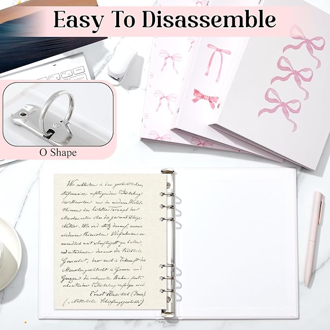 ReliThick 4 Pcs Mini Size Cute Bow 6 Ring Binder, 1 Inch Round Ring with Interior Pockets, Decorative Cute Binders, Clipboard Binder, Coquette School Supplies for School Office(Pink)