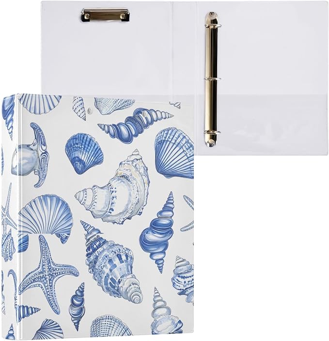 Blue Seashells Ocean Nautical Coastal 3 Ring Binder with 2 Interior Pockets 1.5 inch Binders 3 Ring Heavy Duty Fit 8.5" x 11" Letter Size for Office School, 2 Pack