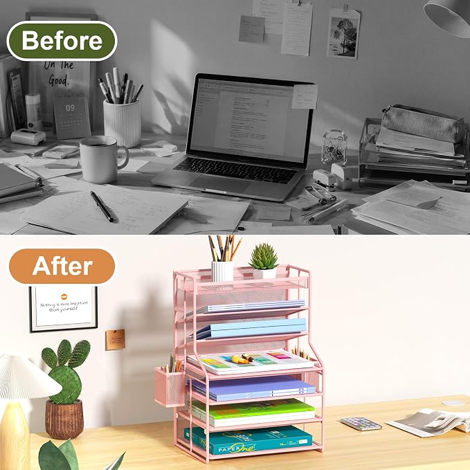 Pink 7 Tier Desk File Organizer, Metal Letter Tray Paper Organizer with Pull-Out Drawer, Removable Pen Holder & Hanging Basket, Vertical Desktop File Holder for Home Office, Classroom