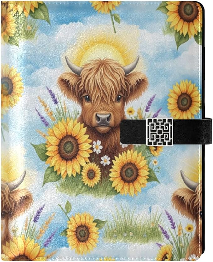 Cute Highland Cow Pattern PU Leather Notebook A5 Binder 6 Ring Refillable Journal with Magnetic Buckle Closure Loose Leaf Travel Office Planner Budget Binder Notepad Portfolio,
