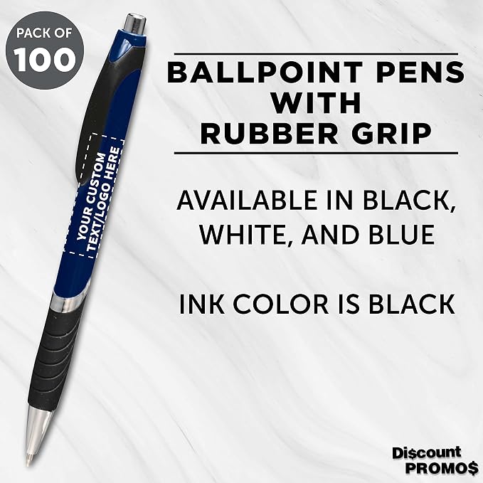 DISCOUNT PROMOS Ballpoint Pens With Rubber Grip - 100 pack - Customizable Text, Logo - Black Ink Ball Point Pen with Soft Touch Plastic - Navy Blue