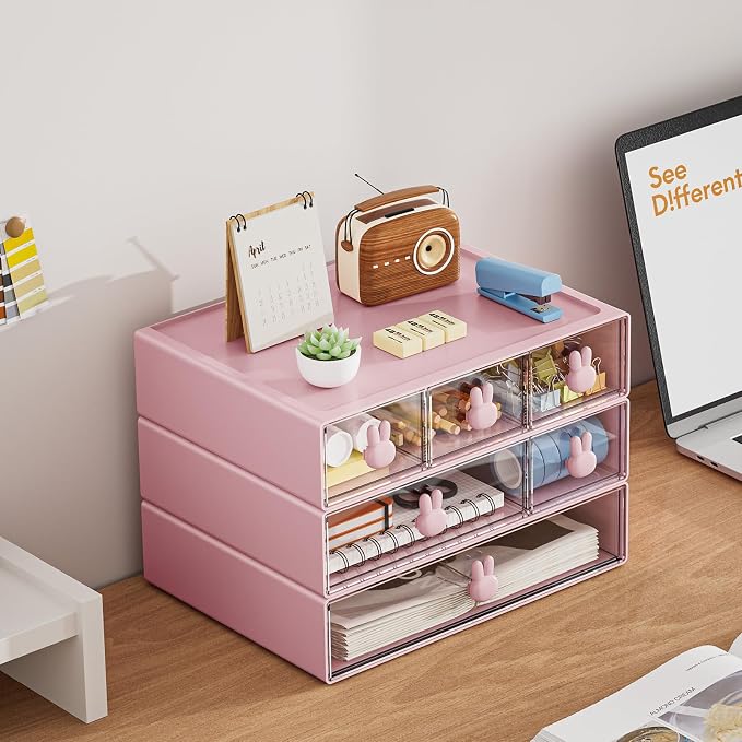 Marbrasse Desk Organizer with 6 Drawers, 3 Tier Stackable Storage Drawers Plastic Makeup Storage, Office Organizers and Storage, Desk Storage Box for Office, School, Home Pink