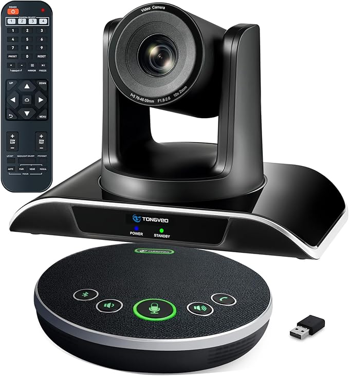 TONGVEO 10x Zoom Conference Room Video Camera System, All-in-One HD 1080P 60fps 10X Optical Zoom USB3.0 HDMI PTZ Camera and Bluetooth Conference Speaker with Microphones Bundle for Medium Room