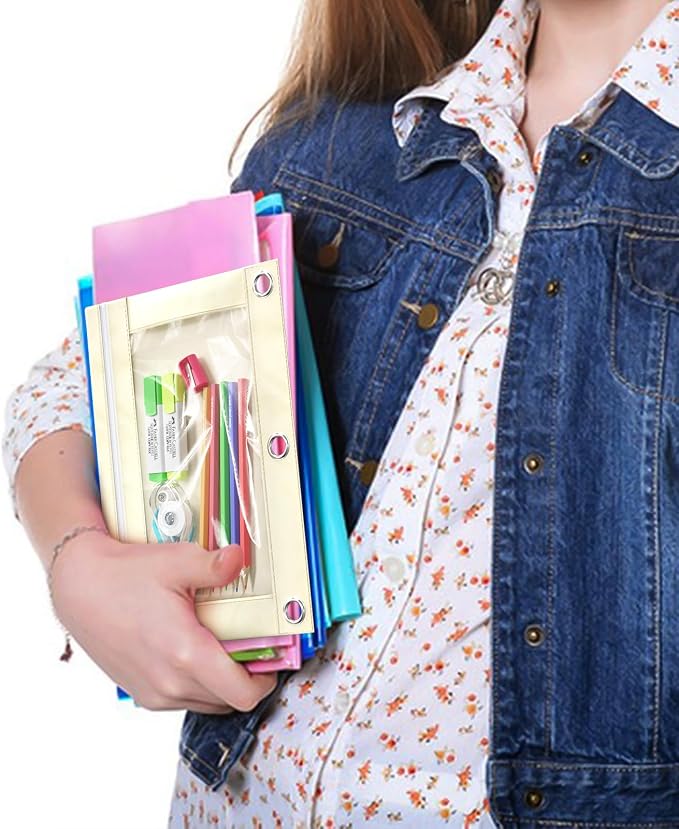 Binder Pencil Pouches, Pencil Pouch for 3 Ring Binder with Zipper Pulls, Clear Window Pencil Case for Binder, Zipper Pencil Pouches with Rivet Enforced 3 Ring, 20 Pack, 10 Color