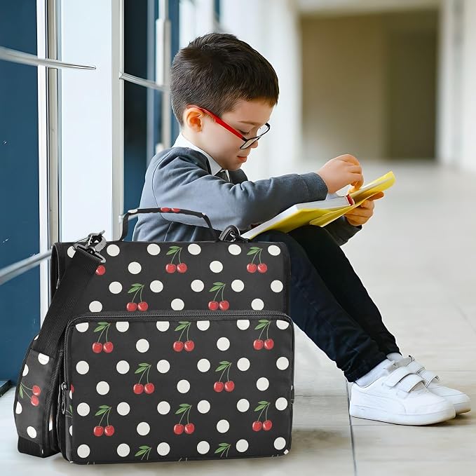 Cute Cherry Dots Pattern 3 Ring Binder Bag 1.5 inch Binder Organizer with Zipper Shoulder Strap 500 Sheet Documents Storage for School Office